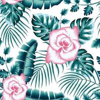 Exotic natural green plant vector design seamless pattern. tropical flower composition on white background. Beach seamless pattern wallpaper with monstera palm leaves, banana foliage and pink flowers