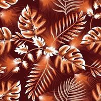 Summer trend seamless background with light tropical leaves and plants foliage on dark background. Vector design. Jungle print. Floral background. Printing and textiles. Exotic tropics. Summer design