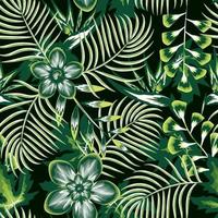 Flower and leaves tropical exotic seamless pattern colorful fabric texture print repeated. Exotic frangipani, strelitzia floral elements, palm leaves tropic green and branches on black background. art vector