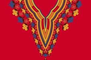 patrón de bordado de flores de escote de fondo rojo colorido dashiki africano. moda de camisetas de arte tribal africano. vector