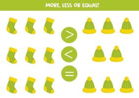 More, less, equal with hand drawn green socks and caps. vector