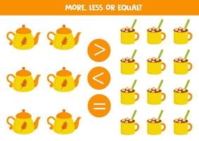 More, less, equal with hand drawn tea pot and cacao. vector