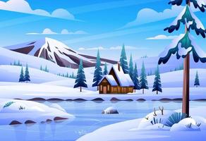 Winter landscape with a house, frozen lake and mountain background cartoon illustration vector