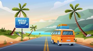 vacaciones de viaje por carretera en coche en la carretera con playa y colinas vista concepto ilustración de dibujos animados vector