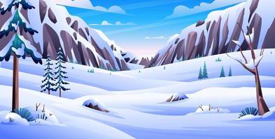 Winter snowy landscape with pines and rocky mountains background cartoon illustration