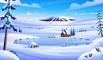 paisaje invernal con una casa, un lago congelado y una ilustración de fondo de montaña vector