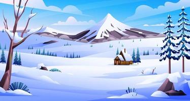 Winter landscape with a house and mountain background illustration vector