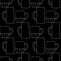 Seamless pattern with illustration mugs of beer in line art on black background vector