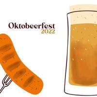 Octobeerfest 2022 illustration with stylized beer mug and sausage on a fork on white background vector