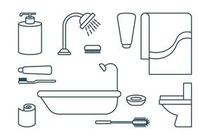 conjunto de iconos de línea de baño bañera agua cerrado cepillo de dientes pasta champú toalla tejido ilustración vector