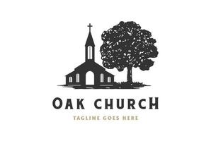 Rustic Retro Vintage Oak Banyan Maple Tree with Christian Church Chapel Logo Design Vector