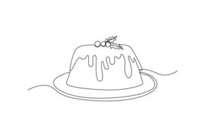 Continuous one line drawing pudding with berry on a plate. Dessert concept. Single line draw design vector graphic illustration.