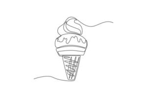 Continuous one line drawing melting ice cream balls in a waffle cone. Dessert concept. Single line draw design vector graphic illustration.