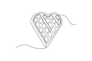 Continuous one line drawing love waffle. Dessert concept. Single line draw design vector graphic illustration.