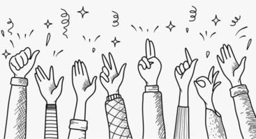 hand drawn of hands cheering and clapping ovation. applause, thumbs up gesture on doodle style. vector