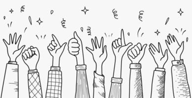 hand drawn of hands cheering and clapping ovation. applause, thumbs up gesture on doodle style. vector