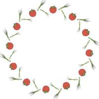 Round frame with positive tomato and green onion on white background. Vector image.