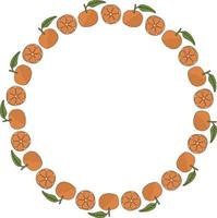 Round frame with tangerines on white background. Vector image.