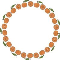 Round frame with tangerines on white background. Vector image.