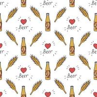 Seamless pattern with beer bottle and red hearts on white background. Vector image.