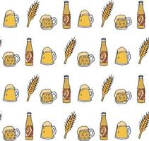 Seamless pattern with yellow beer mugs and bottle on white background. Vector image.