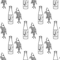 Seamless pattern with beer bottle and fish on white background. Vector image.