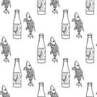 Seamless pattern with beer bottle and fish on white background. Vector image.