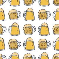 Seamless pattern with yellow beer mugs on white background. Vector image.