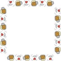 Square frame with beer mugs and hearts on white background. Vector image.