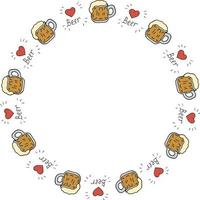Round frame with beer mugs and hearts on white background. Vector image.