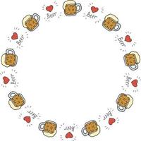 Round frame with beer mugs and hearts on white background. Vector image.