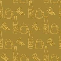 Seamless pattern with yellow beer mugs and bottle on dark beige background. Vector image.