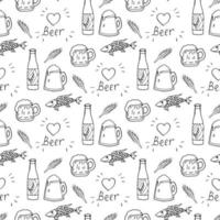 Seamless pattern with cozy black-and-white beer bottle, mugs and fish on white background. Vector image.