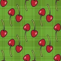 Seamless pattern with cozy cherries on bright green background for fabric, textile, clothes, tablecloth and other things. Vector image.