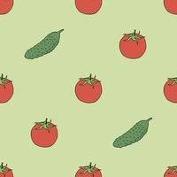 Seamless pattern with tomato and cucumber on light green background. Vector image.