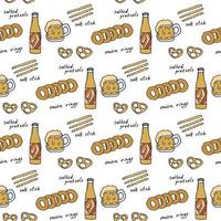 Seamless pattern with beer bottle and snacks on white background. Vector image.