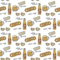 Seamless pattern with beer bottle and snacks on white background. Vector image.