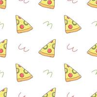 Seamless pattern with a slice of pizza in doodle style on a white background. Vector food illustration background.