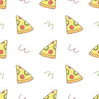 Seamless pattern with a slice of pizza in doodle style on a white background. Vector food illustration background.