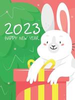 The design of the New Year's vertical greeting card 2023 rabbit. A card with a cute white rabbit in cartoon style with a Christmas tree and a gift and the text happy new year. Vector illustration.