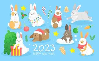 conjunto de lindos personajes de conejo 2023 año nuevo en estilo de dibujos animados. animales navideños liebres o conejitos aislados en el fondo. ilustración festiva vectorial con animales. vector