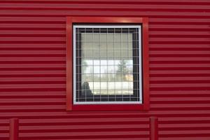 Window in red wall. Window with grille. Details of building. photo