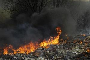 Fire in landfill. Fire and smoke. Burning garbage. photo