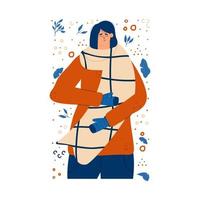 The girl is warmed by a large scarf in winter or autumn. Cozy vector illustration in flat style hand drawn