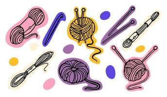 Knitting Needles and Balls of Wool Yarn outline doodles on color spots. Vector illustration in Cartoon style. Symbol of Knitting, hobby, needlework.