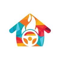 Hot driver logo vector design template. Car steering wheel burning fire with home logo icon vector illustration design.