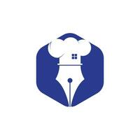 diseño del logotipo del vector de educación alimentaria. bolígrafo y sombrero de chef con icono de inicio.