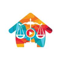 Creative play media law firm vector logo design. Scales and record with home symbol or icon.
