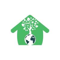 Globe tree with home vector logo design template. Planet and eco symbol or icon.