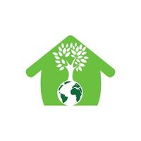 Globe tree with home vector logo design template. Planet and eco symbol or icon.